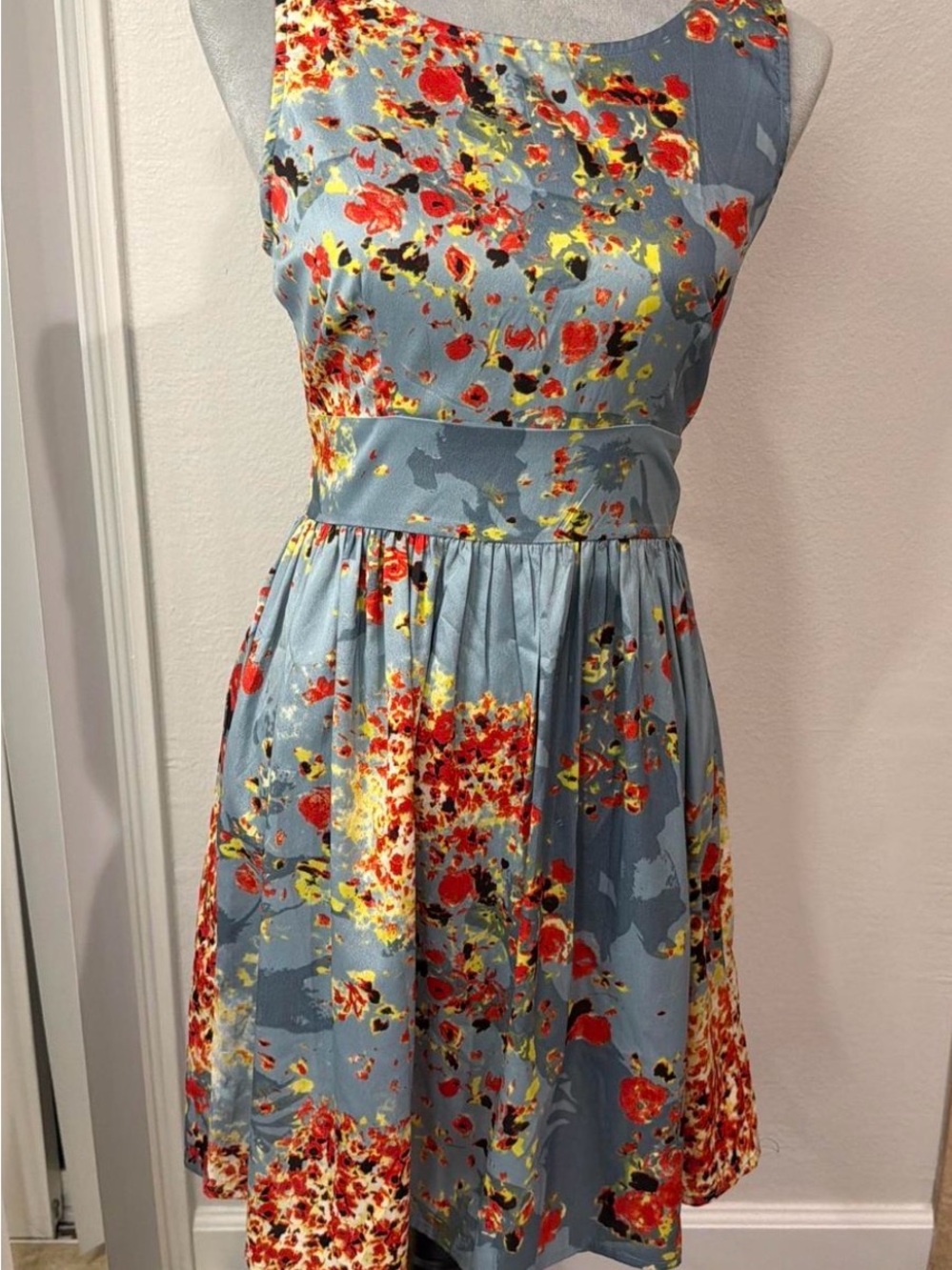 Band of Gypsies Blue Floral Sleeveless Dress with Red and Yellow Accents